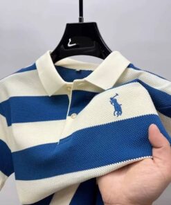 Alternative view of Polo "Preppy" en Maille Piquée – Rayures Marron et Crème avec Logo Brodé Or