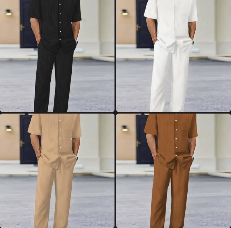 Ensemble de Détente "Riviera" – Chemise Manches Courtes et Pantalon Fluide en Tissu Texturé