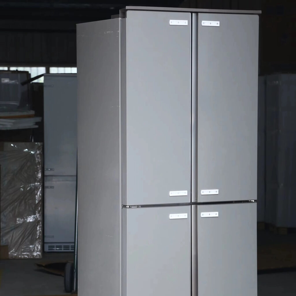 Réfrigérateur en acier inoxydable à 4 portes, 355 L, congélateur inférieur, sans givre, dégivrage efficace, dissipation de chaleur montée en bas