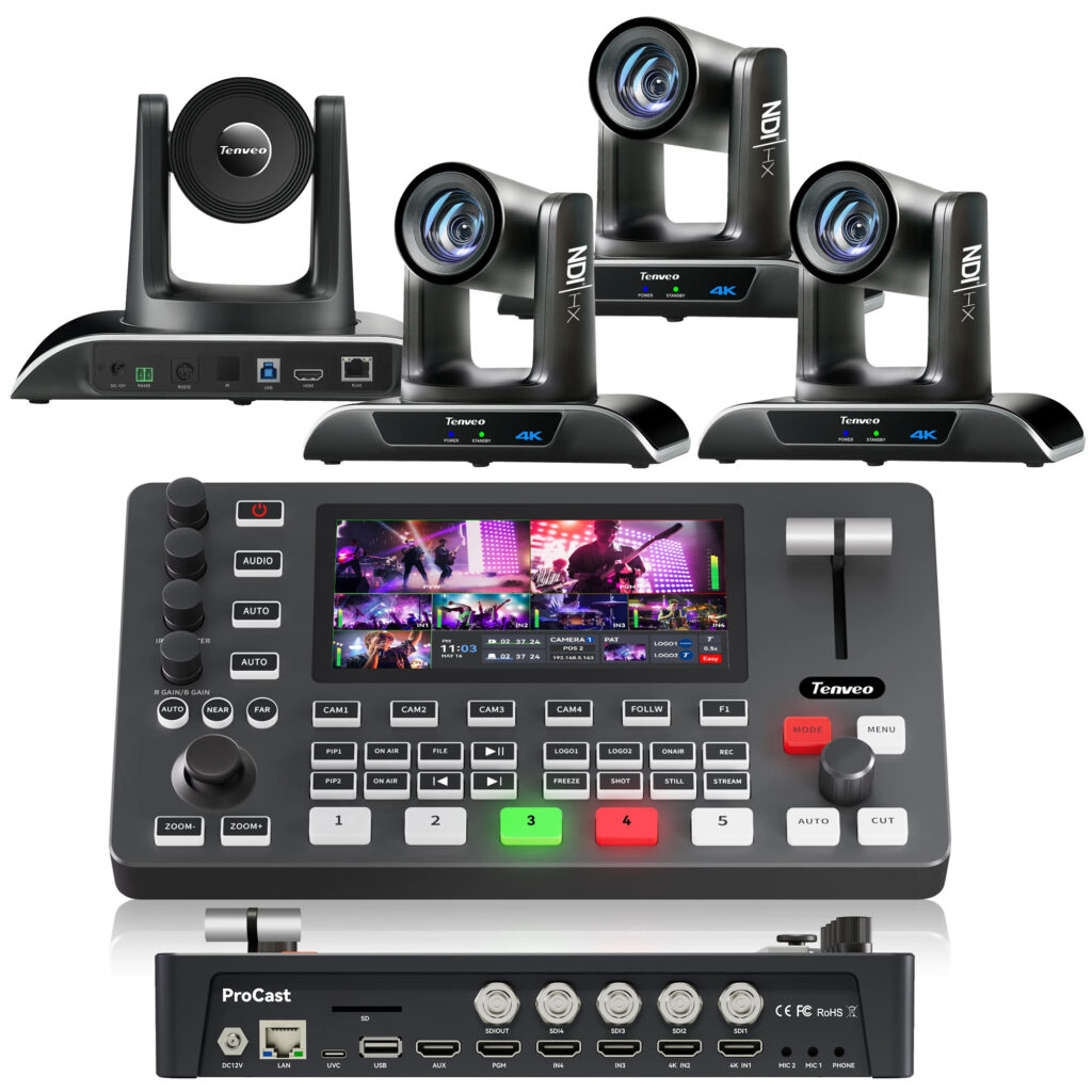 4 caméras de conférence PTZ NDI 4K VHD20H-4K-NDI avec zoom 20x, USB/HDMI/LAN POE + mélangeur vidéo PC500 pour diffusion en direct et églises