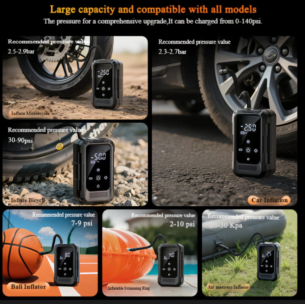 Compresseur d'air portable sans fil pour pneus de voiture, OEM 150 psi, USB et double usage, avec batterie externe intégrée.