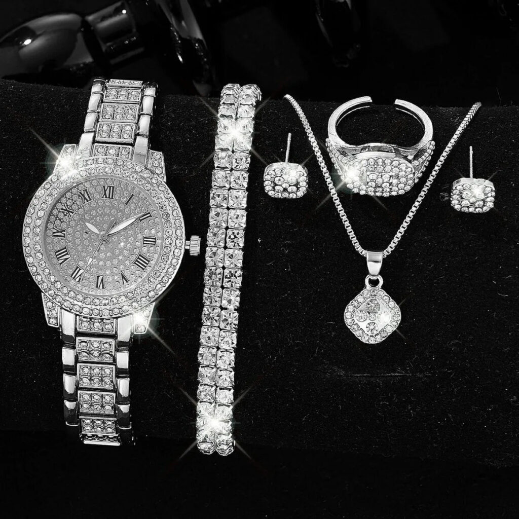 Ensemble de Bijoux Femme YJ-01 Tendance: Collier, Bracelet, Bagues, Boucles d'Oreilles et Montre Hip Hop Strass