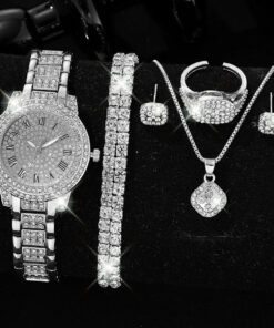Ensemble de Bijoux Femme YJ-01 Tendance: Collier, Bracelet, Bagues, Boucles d'Oreilles et Montre Hip Hop Strass