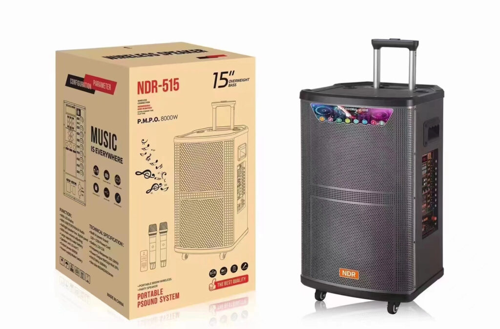 Haut-parleur Karaoké sans Fil NDR-515 Professionnel Grande Puissance 15 Pouces BT Stéréo HIFI en Bois avec Micro, sur Chariot, pour Fêtes et Scènes, avec Basses Puissantes