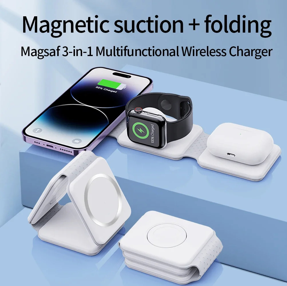 Station de charge universelle pliable, support de téléphone, charge rapide, magnétique puissant, chargeur sans fil 3 en 1 pour produits électroniques