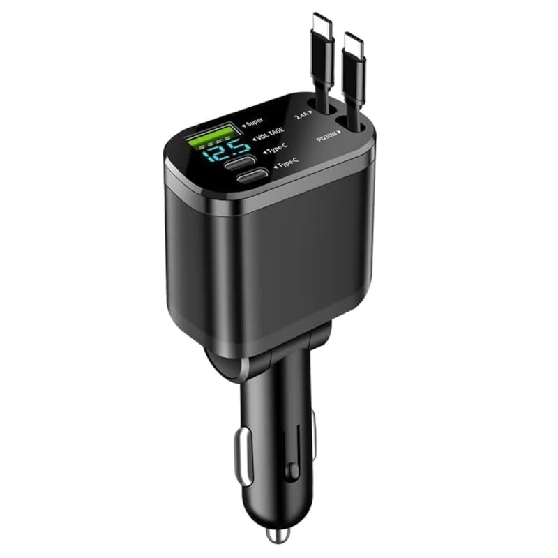 Chargeur de voiture rétractable à chargement super rapide 5 en 1 avec logo OEM, 12 sorties 24V, adaptateurs de voiture TYPE C avec fonction QC 3.0