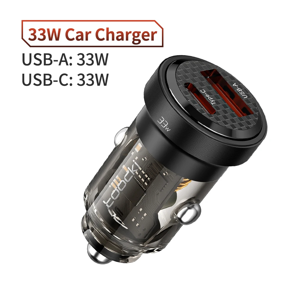 Chargeur de voiture à charge rapide Toocki, 33W, haute puissance, protocoles multiples PD/QC, design transparent, pour les voyages en famille