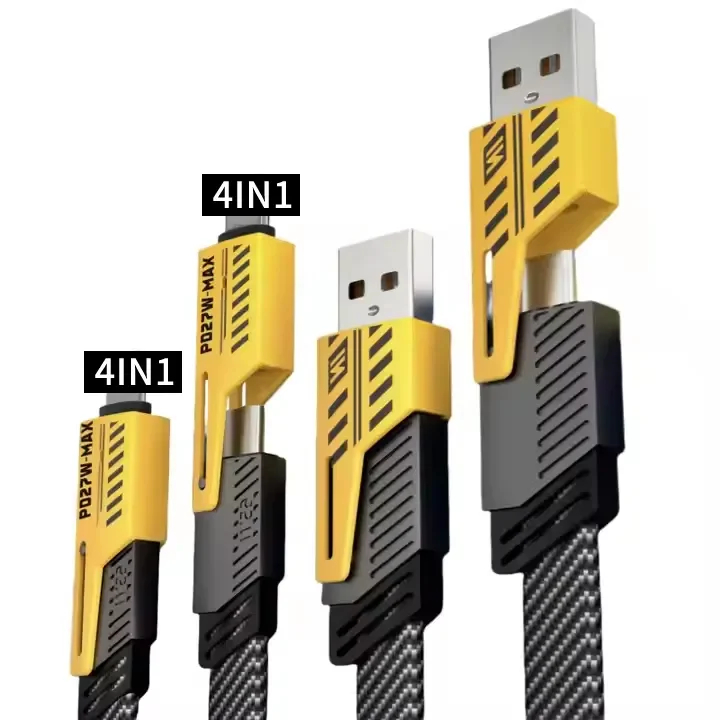 Câble de charge rapide et de données 4 en 1 de type C vers USB en nylon tressé en alliage de zinc de haute qualité noir/jaune 1,5 m PD 27W 65W pour iPhone