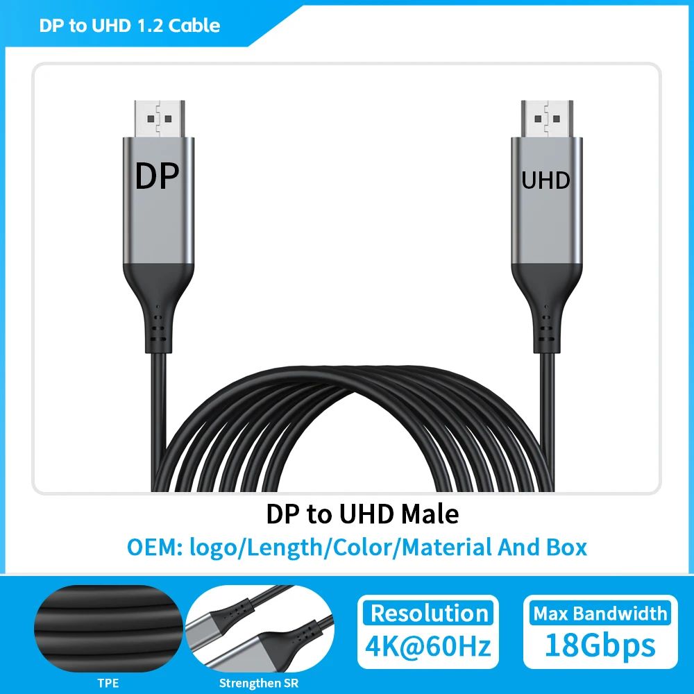 Câble DP vers HDMI vidéo audio haute vitesse 4K 60Hz UHD 2.0 18 Gbps en nylon tressé pour TV, jeux, home cinéma