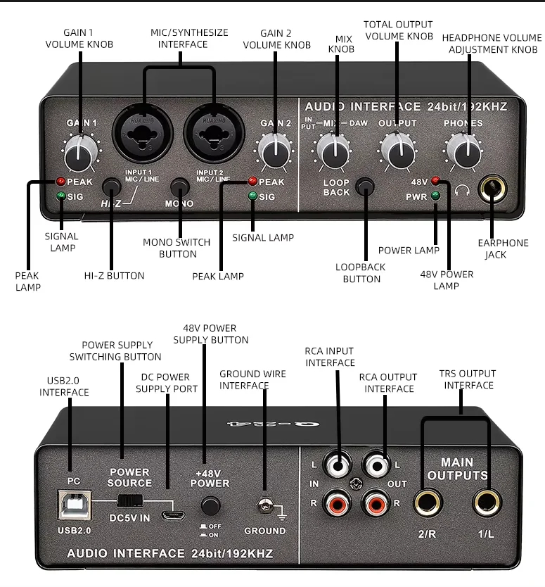 DAYMIC Enregistrement en studio professionnel 2 entrées 2 sorties Interface audio USB Carte son Interface audio Mélangeur