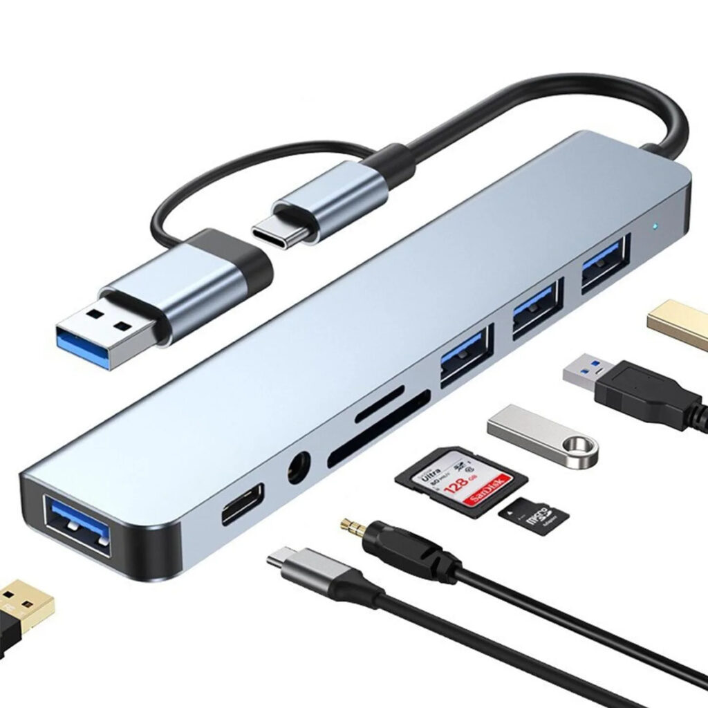 Hub USB 3.0 C 8 en 1 avec lecteur de carte SD/TF 3.5mm casque prise auxiliaire répartiteur USB pour MacBook Surface ordinateur portable tablette PC