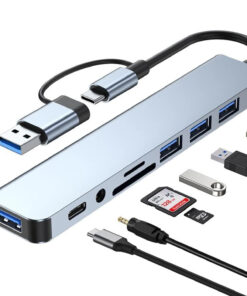 Hub USB 3.0 C 8 en 1 avec lecteur de carte SD/TF 3.5mm casque prise auxiliaire répartiteur USB pour MacBook Surface ordinateur portable tablette PC
