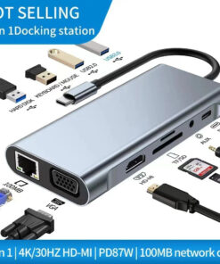 Station d'Accueil Multiport USB C 11-en-1 Multifonctionnelle Adaptateur HDMI 4K 30Hz 4 Ports USB 3.0 Hub Prise Jack 3.5mm pour Ordinateur Portable