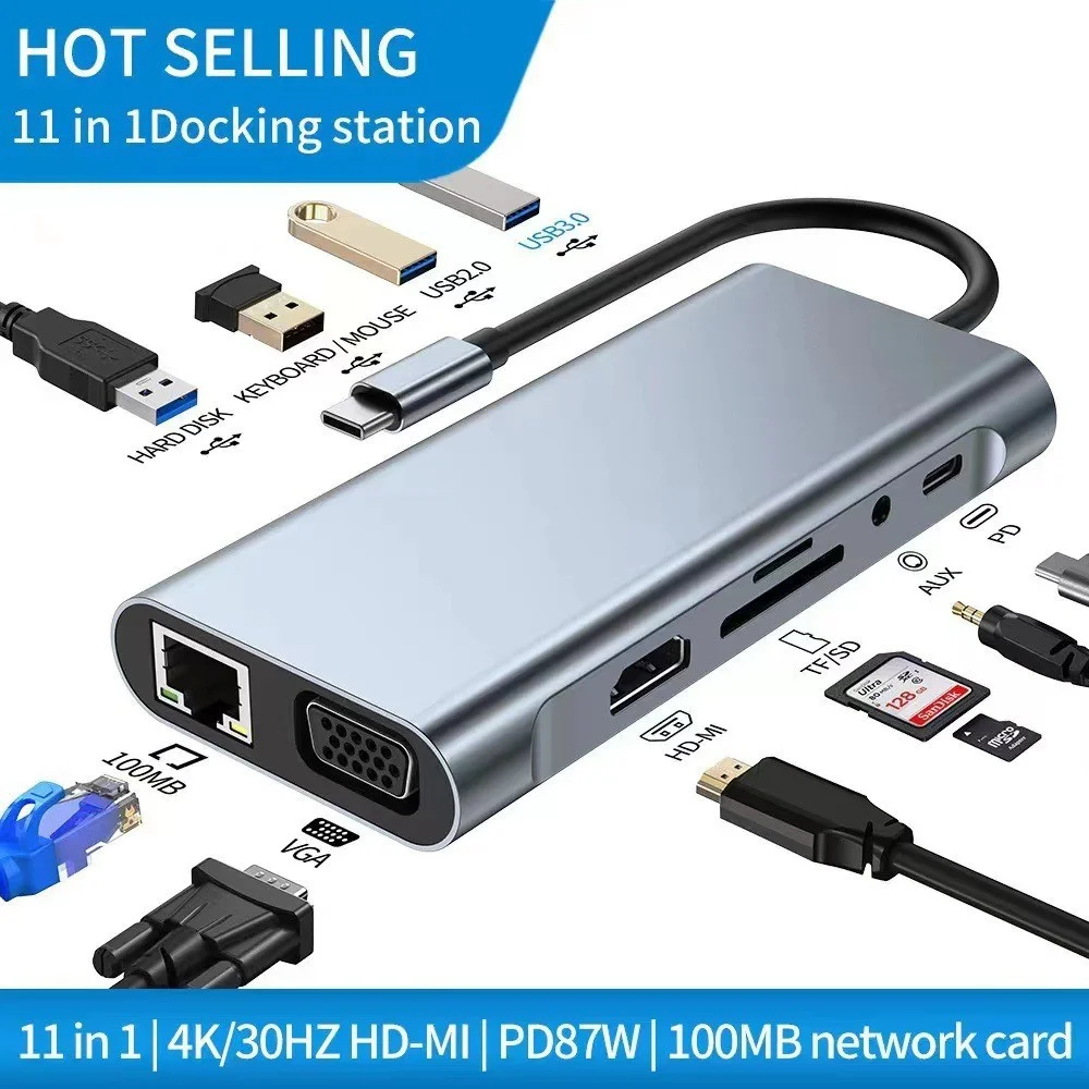 Station d'Accueil Multiport USB C 11-en-1 Multifonctionnelle Adaptateur HDMI 4K 30Hz 4 Ports USB 3.0 Hub Prise Jack 3.5mm pour Ordinateur Portable