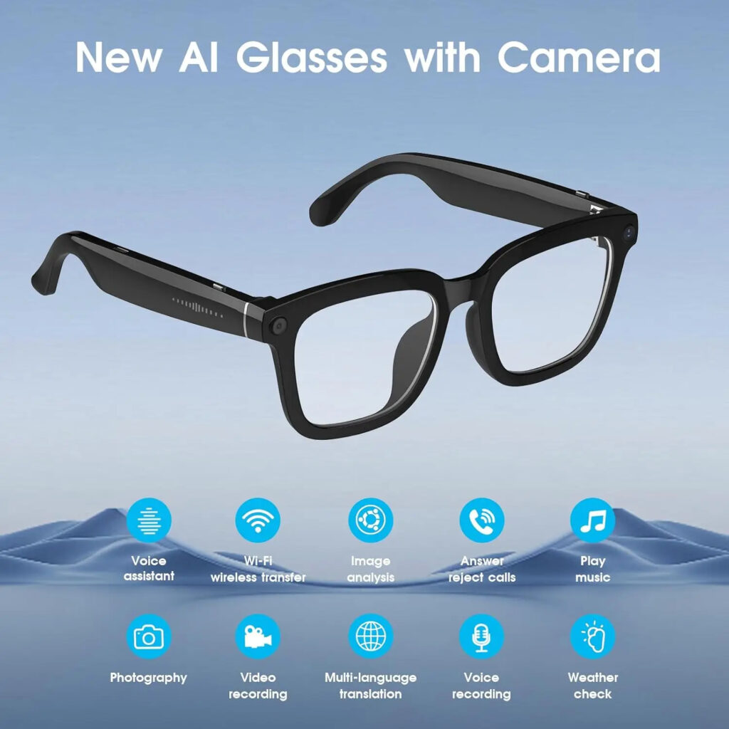 Lunettes Intelligentes avec Caméra, Enregistrement Vidéo 1200P, Lecteur de Musique, Assistant IA V03, Traduction 139 Langues, Verres à Teinte Variable pour