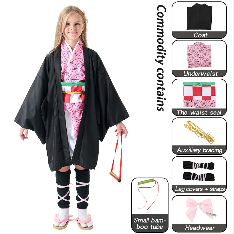 Anime Kimetsu No Yaiba Kamado Nezuko Cosplay complet y compris les chaussures perruque dent bouche bâton adulte femme Cosplay Costume – Image 2