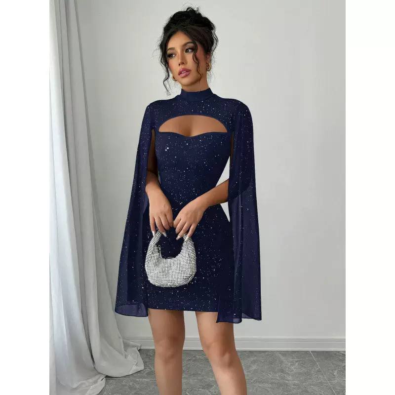 Robe de soirée "Éliza" – Mini robe scintillante avec manches cape aériennes – Image 3