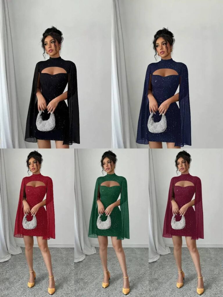 Robe de soirée "Éliza" – Mini robe scintillante avec manches cape aériennes