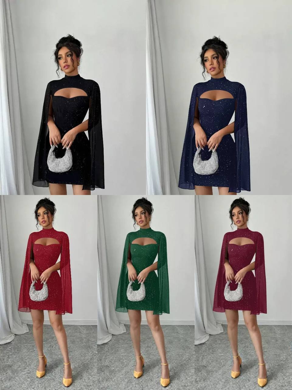 Robe de soirée "Éliza" – Mini robe scintillante avec manches cape aériennes