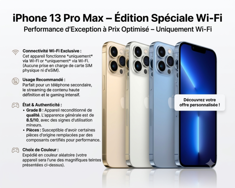 Iphone 13 Pro Max Wifi d'occasion Grade B Casi Neuf