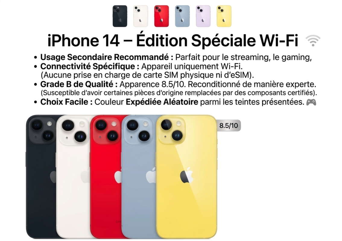 Iphone 14 Wifi d'occasion Grade B Casi Neuf