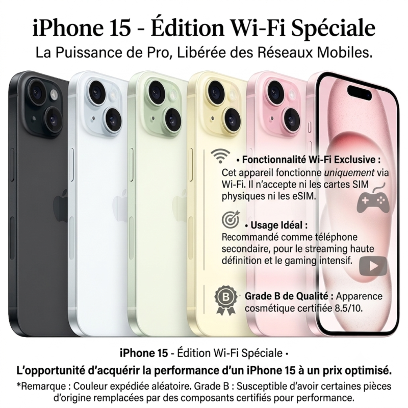 Iphone 15 Wifi d'occasion Grade B Casi Neuf
