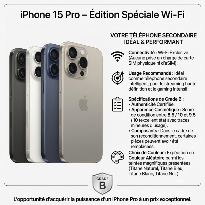 Iphone 15 Pro Wifi d'occasion Grade B Casi Neuf